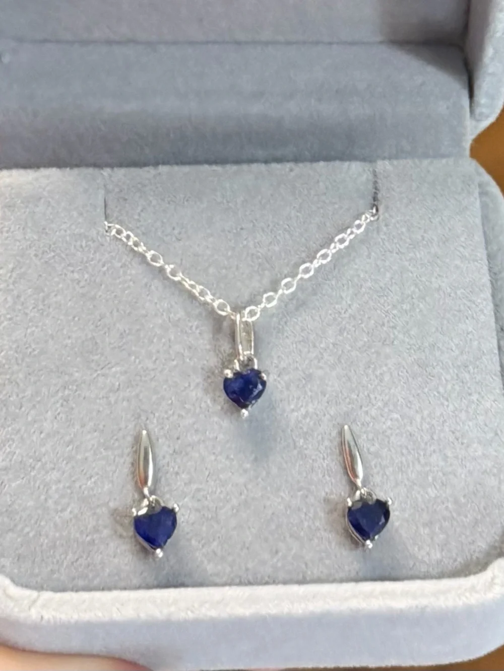 Set!  Natural Blue Sapphire 6mm Heart Earrings & Pendant Necklace 925 Sterling